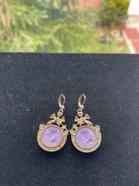 Kirks Folly Gold-Tone Lavender Cameo Drop Earrings with Iridescent Crystals